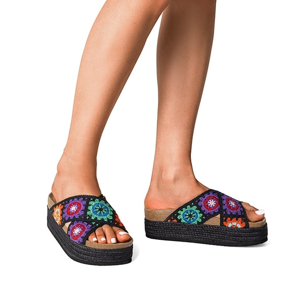 Raffia Flatform Flat Sandals - BLACK MULTI - 1